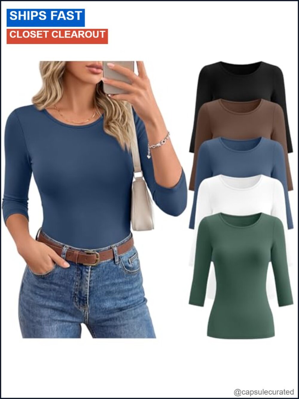 5 Pack Women's 3/4 Sleeve Cotton Blend T-Shirts Crew Neck Slim Fit